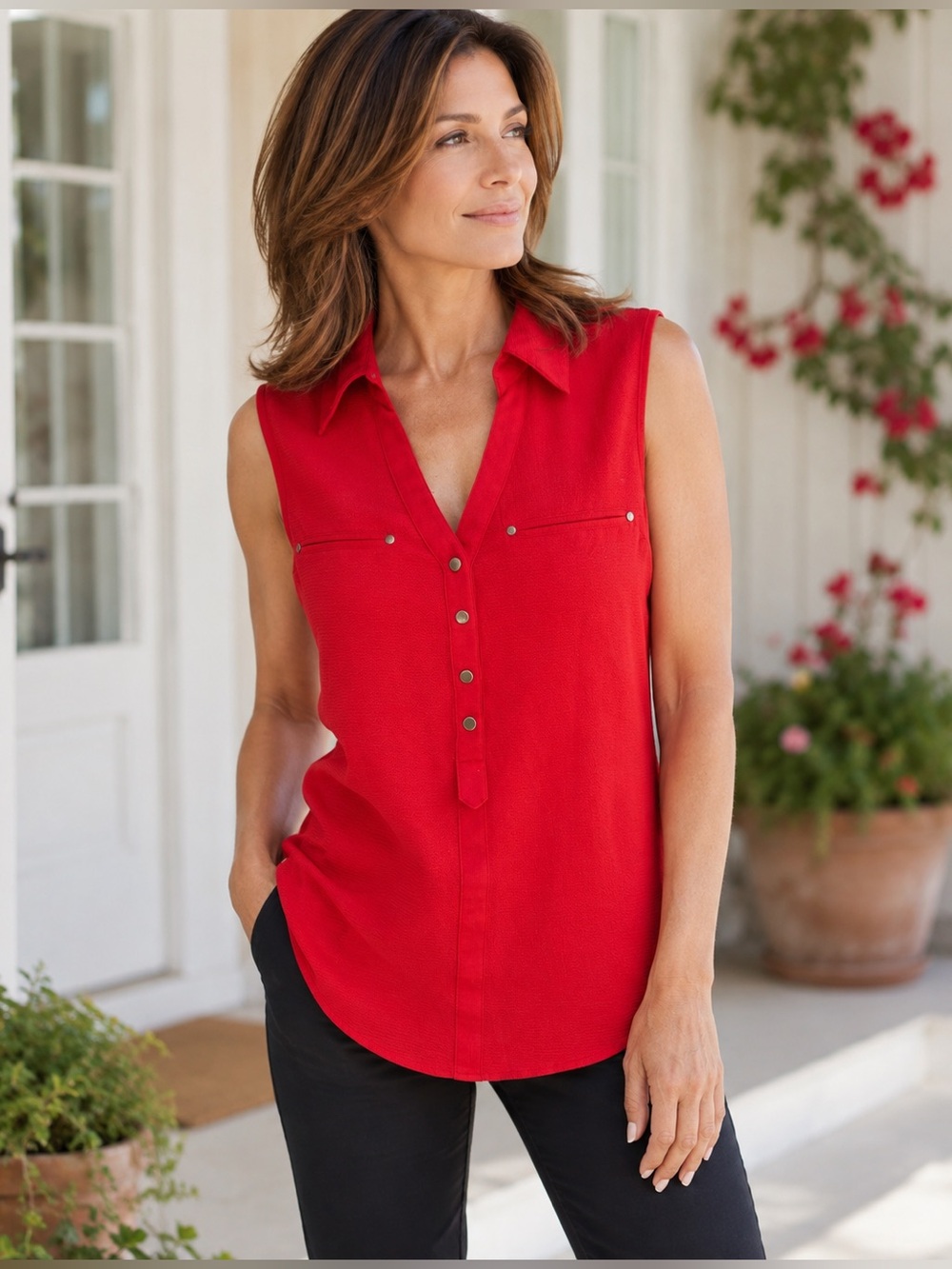 • Colori Red Sleeveless Collared Blouse Size L Button Front V-Neck Pocket Detail